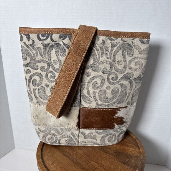 Myra Leather  Double Wine Bottle Bag Tote  Cowhide Leather Canvas - Picture 3 of 12